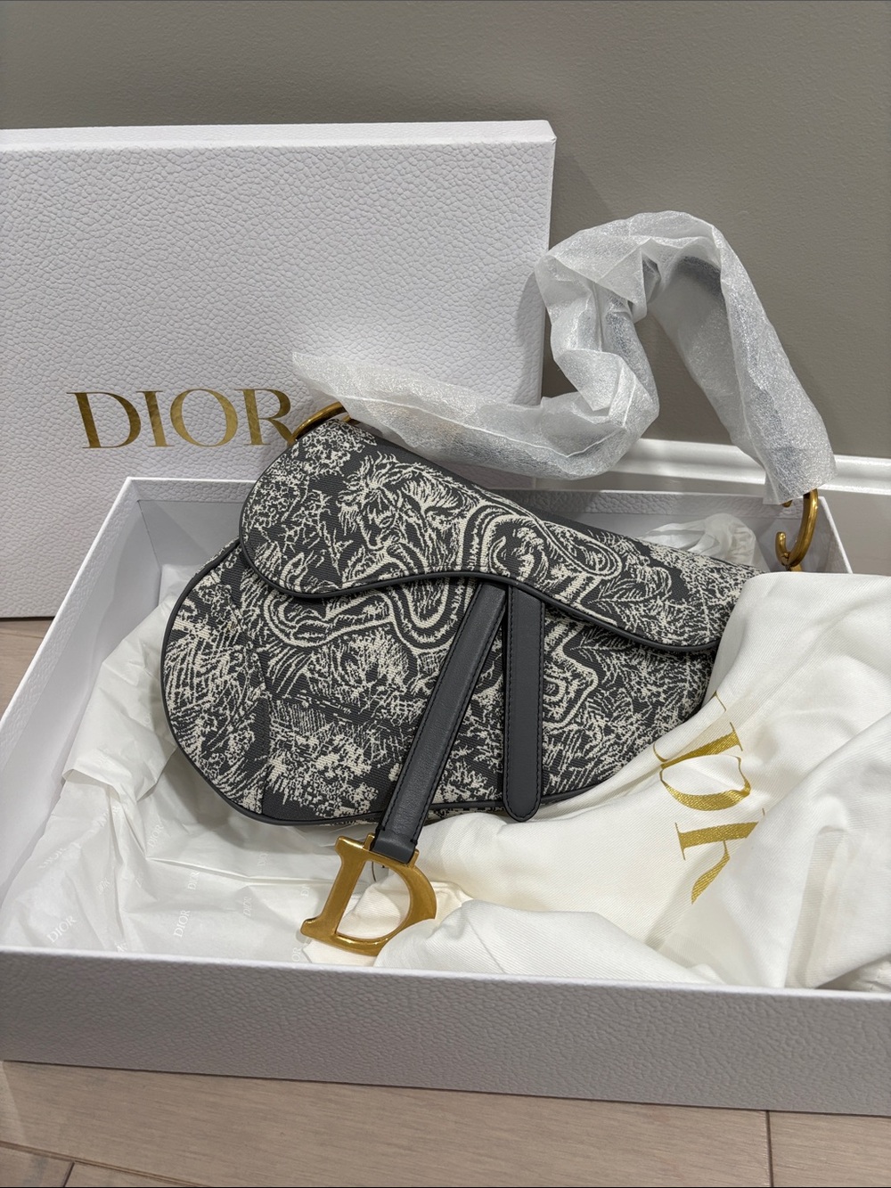 Dior Gray and Cream Saddle Crossbody Bag with Gold Hardware